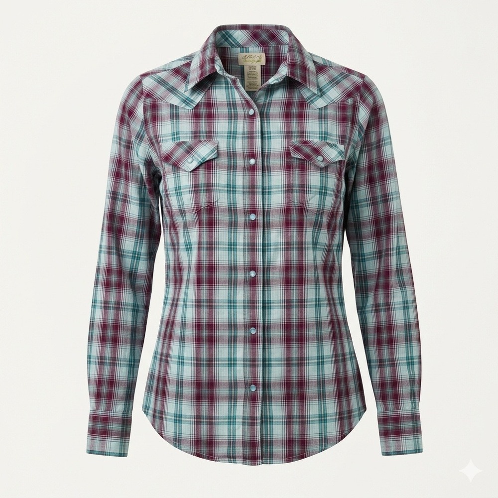 Wrangler As Real As Womens Plaid Western Snap Shirt Purple Teal SZ SM